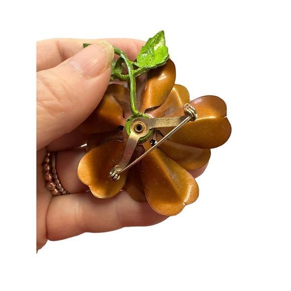 Vtg Brown Metal Large Flower layered Brooch & Clip on Earring Set Retro MCM - Picture 6 of 6